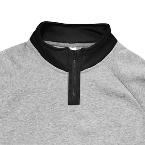 Macro detail showing black stand-up collar and half-zipper on gray fleece sweatshirt