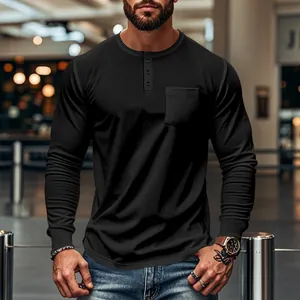 Men's slim-fit black long-sleeve Henley T-shirt featuring a front chest pocket detail