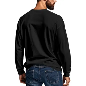 Rear view of a premium men's slim fit crew neck long sleeve t-shirt in solid black