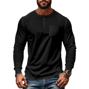 Detailed shot of a black slim-fit Henley shirt for men with pocket and buttons