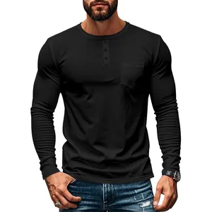 Detailed view of black men's slim fit long sleeve henley t-shirt with pocket design.