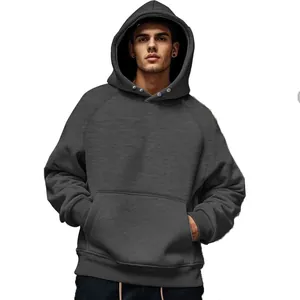 Detail view of men's grey oversized fleece hoodie with kangaroo pocket and button neck