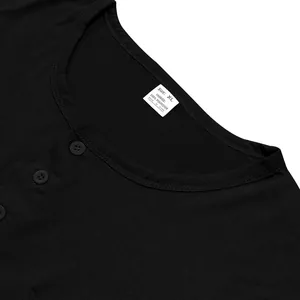 Close-up of the neckline and size label on a black men's long sleeve T-shirt