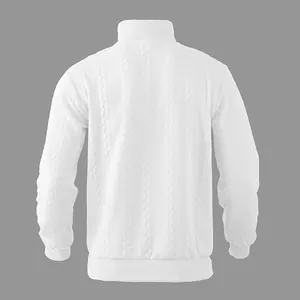 Back view of a white cable-knit pullover sweatshirt featuring a stand collar design