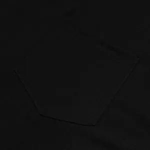 Macro close-up detail of a classic chest pocket on a black men's long sleeve t-shirt.