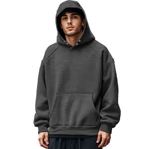 Front view of a men's charcoal grey fleece hoodie with snap-button hood and pocket.