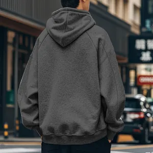 Back view of a grey fleece-lined hooded sweatshirt showing textured fabric detail