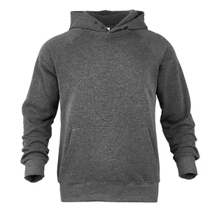 Detailed view of a dark grey heathered fleece hoodie with a spacious front pocket