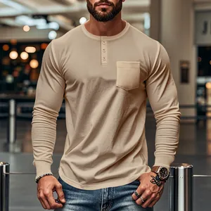 Premium men's slim fit long sleeve beige henley t-shirt featuring a front chest pocket