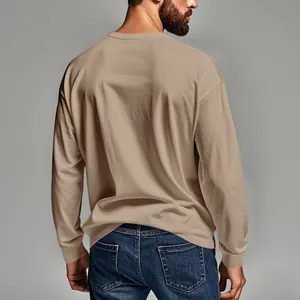 Detailed back view of a slim fit men's breathable beige crewneck long sleeve t-shirt
