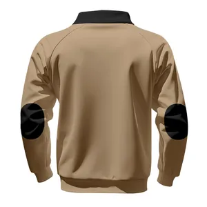 Detailed back view of khaki heavyweight stand collar sweatshirt with black elbow patches