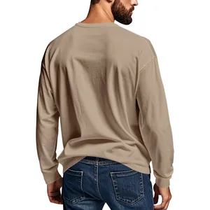 Back view of a men's tan long-sleeved crewneck T-shirt with comfortable casual fit