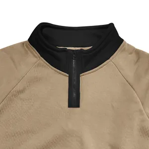Close-up detail of black stand-up collar with half-zip on heavy khaki sweatshirt