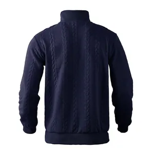 Rear view of navy blue heavy sweatshirt featuring intricate cable knit jacquard texture