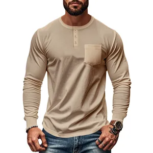 Men's slim-fit long-sleeve Henley t-shirt with functional pocket in neutral khaki color