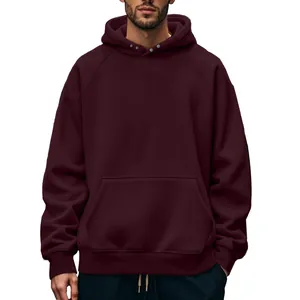 Detailed view of burgundy men's fleece hoodie with snap button collar and front pocket