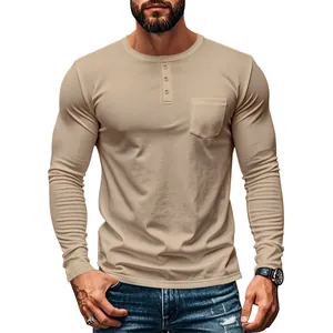 Detailed view of men's slim fit khaki long sleeve Henley shirt featuring a chest pocket