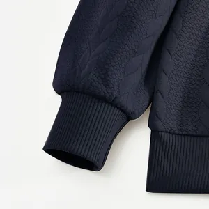 Close-up detail of navy blue ribbed cuffs and jacquard texture on men's heavy sweatshirt