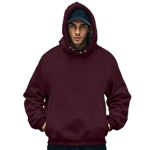 Front view of men's burgundy fleece hoodie with kangaroo pocket and snap collar.