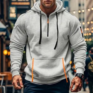 Men's outdoor casual fleece lined hoodie with multi-zipper arm pocket, grey style