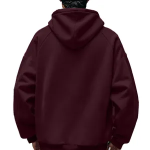 Back view of a maroon men's fleece hoodie showing the hood and relaxed fit detail