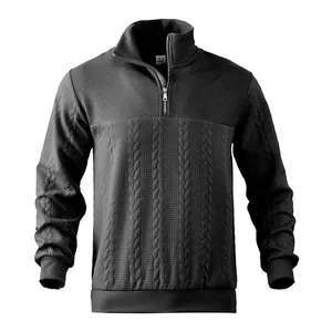 Detailed view of dark gray vintage half-zip sweatshirt with intricate jacquard texture