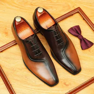 Zapatos Oxford para Hombre Cuero de Vaca Genuino Negocios Formal Punta Afilada Zapatos de Vestir Estilo Británico Gradiente Patina Cordones Hombre