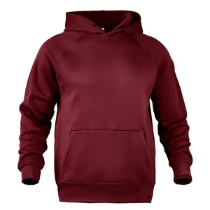 High-quality detail of a maroon fleece-lined hooded sweatshirt with a classic front pocket design