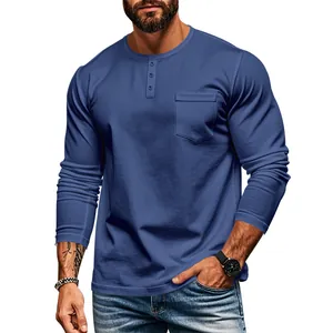 Detailed front view of a slim fit men's blue long sleeve Henley shirt with a chest pocket