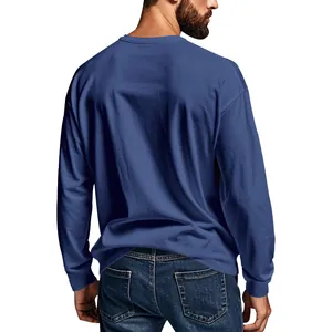 Back view of men's dark blue long-sleeved crewneck T-shirt showing detailed fabric texture