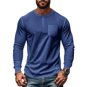 Professional men's slim fit blue long-sleeved Henley t-shirt featuring chest pocket