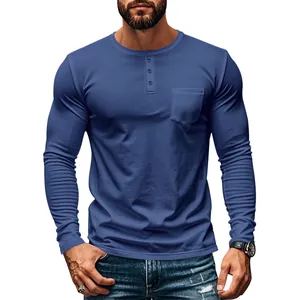 Men's slim fit navy blue long-sleeved Henley shirt featuring chest pocket and buttons