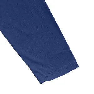 Close-up of navy blue long sleeve t-shirt cuff with durable double-stitched hem