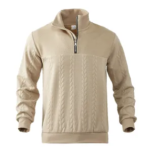 Detailed front view of men's beige half-zip sweatshirt with textured cable knit