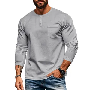 Detailed view of men's slim fit long sleeve Henley T-shirt in light gray color.
