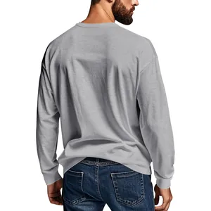 Detailed back view of a men's grey crew neck long sleeve T-shirt with comfortable fit.