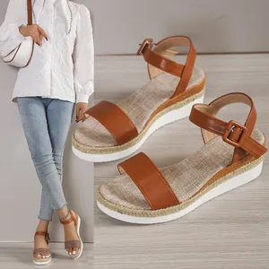 Detailed macro view of women's casual platform wedge sandals with ankle buckle strap