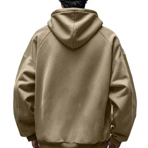 Back view of oversized khaki fleece hoodie for men, autumn winter streetwear detail
