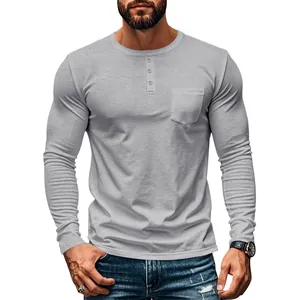 Men's slim fit grey long-sleeve Henley t-shirt featuring a stylish chest pocket.
