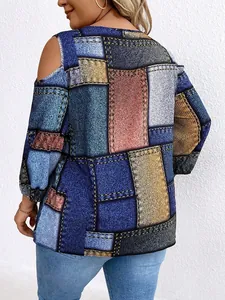 Detailansicht der Plus Size Damen Oberteil mit Schulterfreiem Patchwork-Jeansdruck