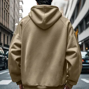Back view of a khaki oversized men's fleece hooded sweatshirt for autumn and winter streetwear