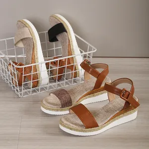 Detailed view of women's stylish summer wedge sandals featuring an ankle buckle strap.