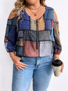 Detailansicht von Damen Plus Size Oberteil mit Patchwork-Print und Reißverschluss