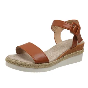 Stylish brown wedge sandals with platform sole and adjustable ankle strap for women.