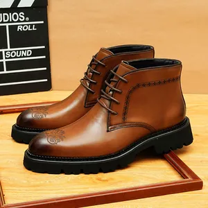 Botas Martin de Hombre Estilo Británico Cuero Genuino Retro Brogue Punta Estrecha Altas Negocios Suela Gruesa Pulido Cuero