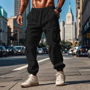 Close-up detail of black cotton linen cargo joggers for men with adjustable drawstring waist