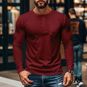 Slim fit men's burgundy long sleeve henley shirt with pocket detail and buttons