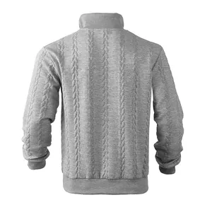 Back view of a vintage gray cable-knit stand collar heavy sweatshirt for men in autumn