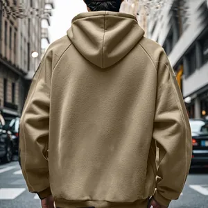 Rear view of a men's khaki fleece hooded sweatshirt showing premium fabric texture.