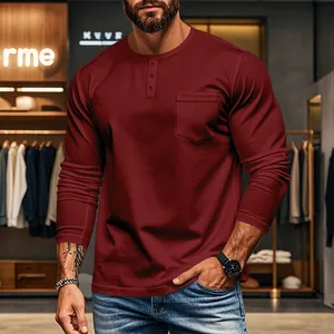 Men's slim fit burgundy long sleeve henley t-shirt with pocket in modern boutique